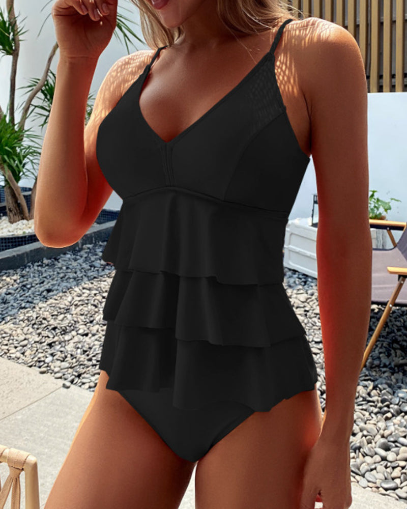 Leta - Maillot de bain uni avec volants décoratifs