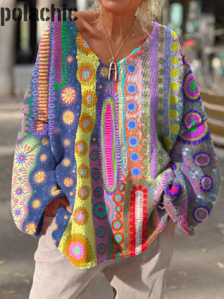Rétro bohème imprimé floral col en V Vintage lâche pull à manches longues