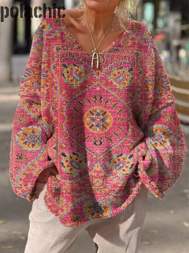 Rétro bohème imprimé floral col en V Vintage lâche pull à manches longues